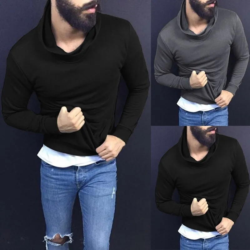 Fashion Men Tshirts Hiphop Casual T Shirts Autumn Long Sleeve Solid Color Turtleneck Tee Tops Men Clothes Pullovers Hombre