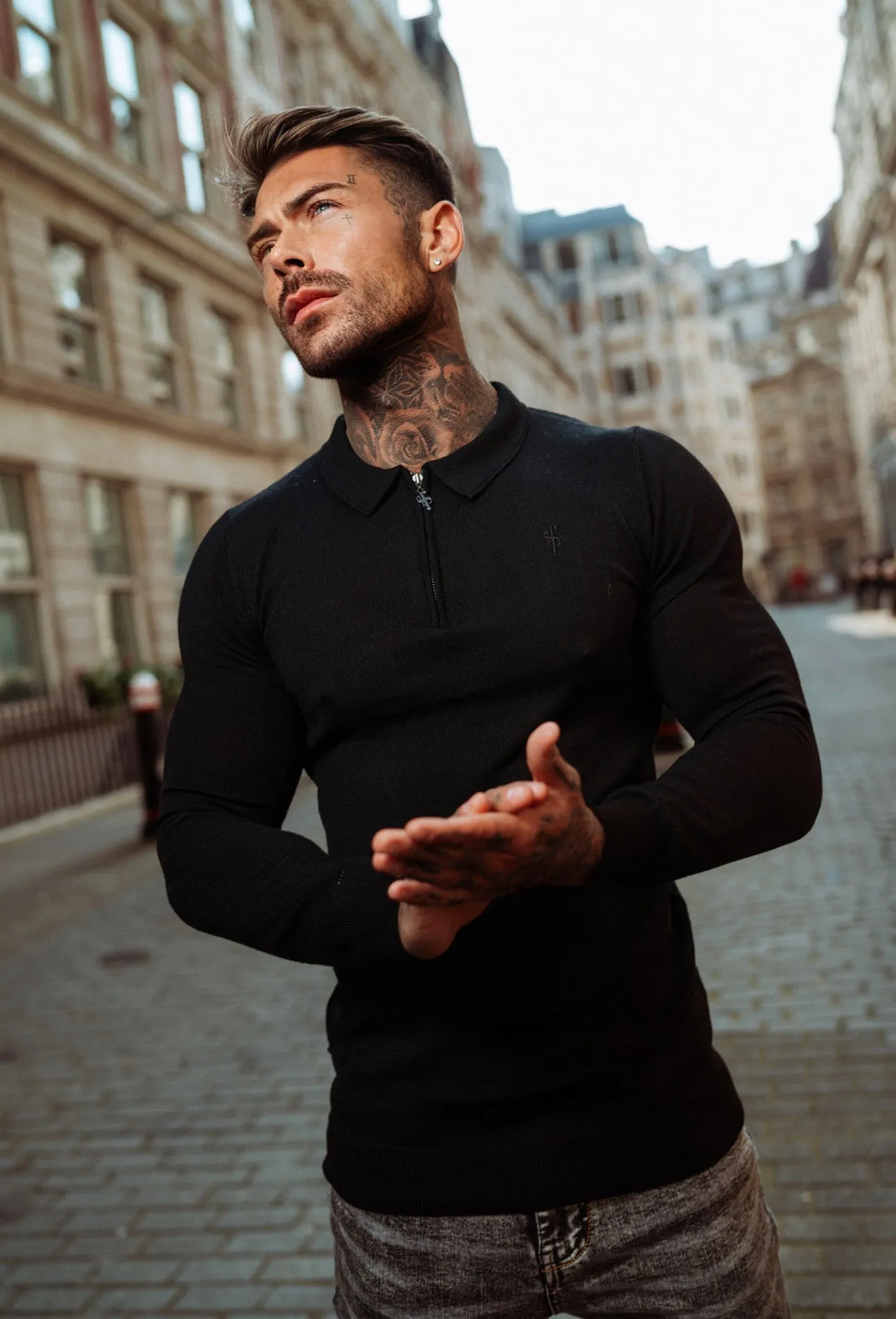 Father Sons Classic Black Merino Wool Knitted Zip Polo Long Sleeve Sweater With FS Embroidery- FSN010