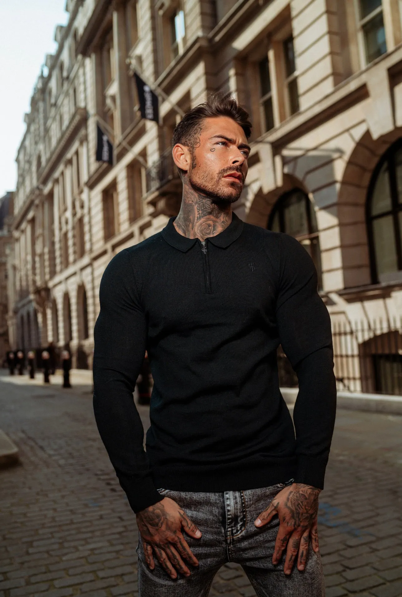 Father Sons Classic Black Merino Wool Knitted Zip Polo Long Sleeve Sweater With FS Embroidery- FSN010