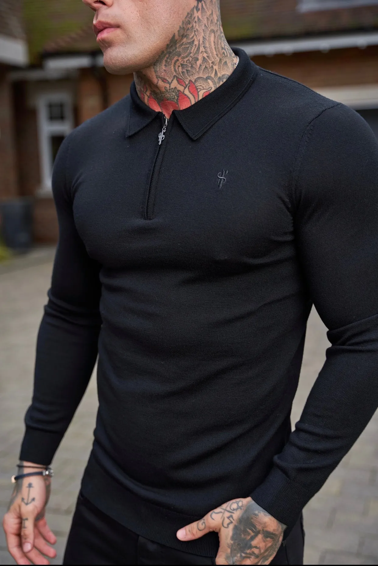 Father Sons Classic Black Merino Wool Knitted Zip Polo Long Sleeve Sweater With FS Embroidery- FSN010