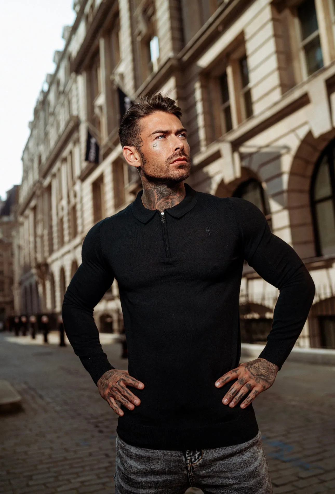 Father Sons Classic Black Merino Wool Knitted Zip Polo Long Sleeve Sweater With FS Embroidery- FSN010