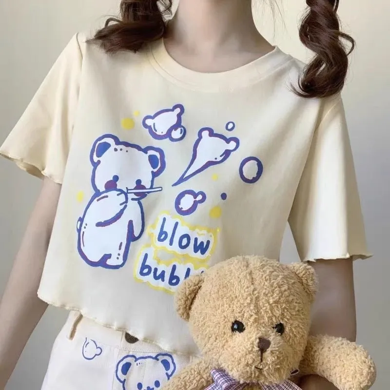 Kawaii Bear Print Graphic T-Shirts