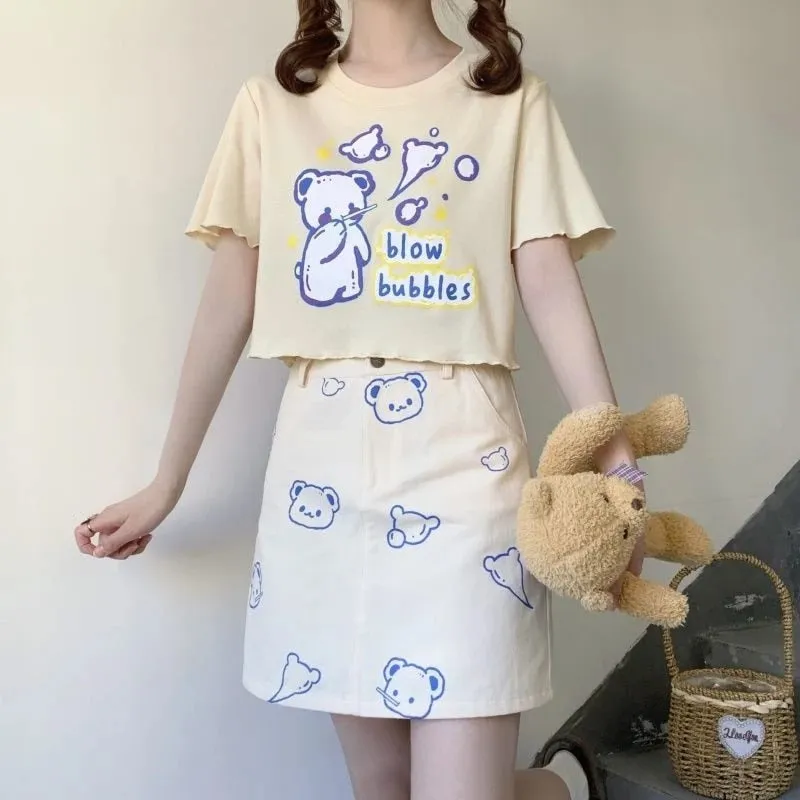 Kawaii Bear Print Graphic T-Shirts