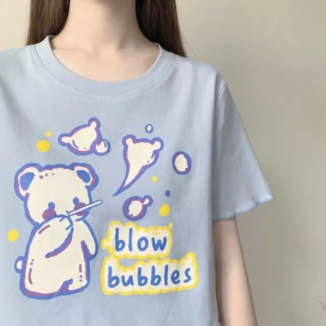 Kawaii Bear Print Graphic T-Shirts