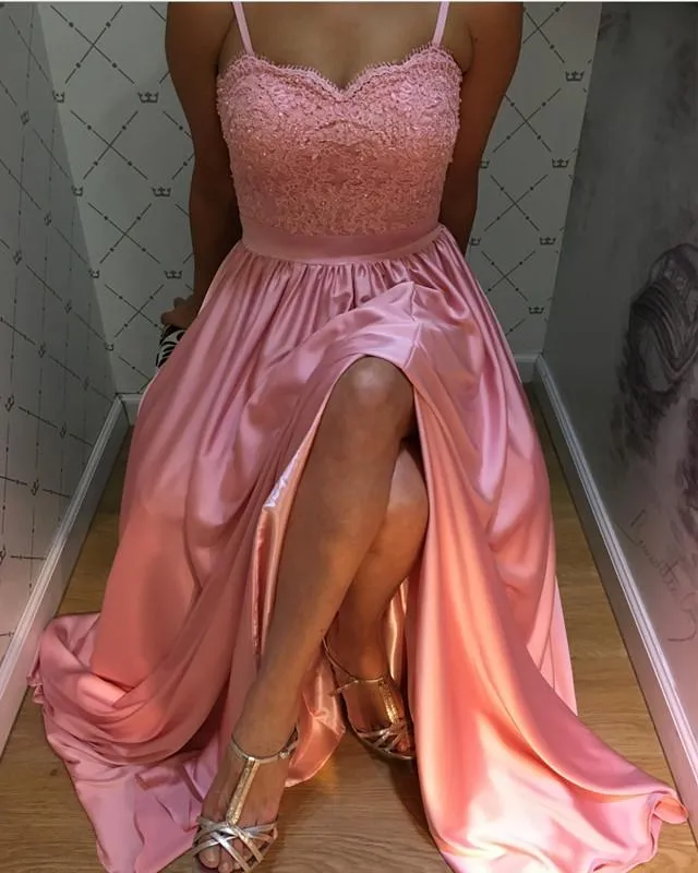 Lace Appliques Sweetheart Long Satin Prom Gowns 2018 Slit Evening Dress
