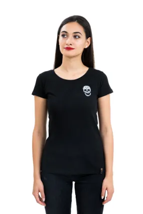 Ladies Fitted White Skull Black Tee