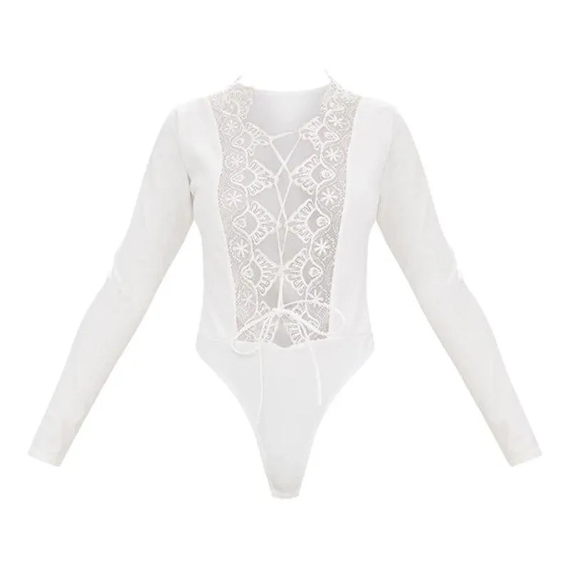 LONG SLEEVE LACE CROTCHET LACE-UP BODYSUIT
