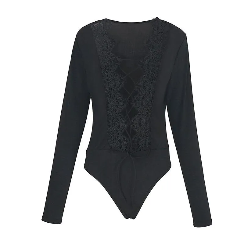LONG SLEEVE LACE CROTCHET LACE-UP BODYSUIT