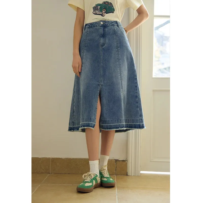 LVSANW DUSHU Double Version Retro Washed Denim Skirt for Women High Waist Slimming 2024 Summer New All-match Skirts Female 24DS82015