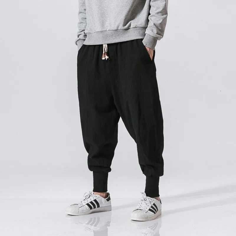 MrGoldenBowl Store Men Harem Pants Japanese Casual Cotton Linen Trouser Man Jogger Pants Chinese Baggy Pants