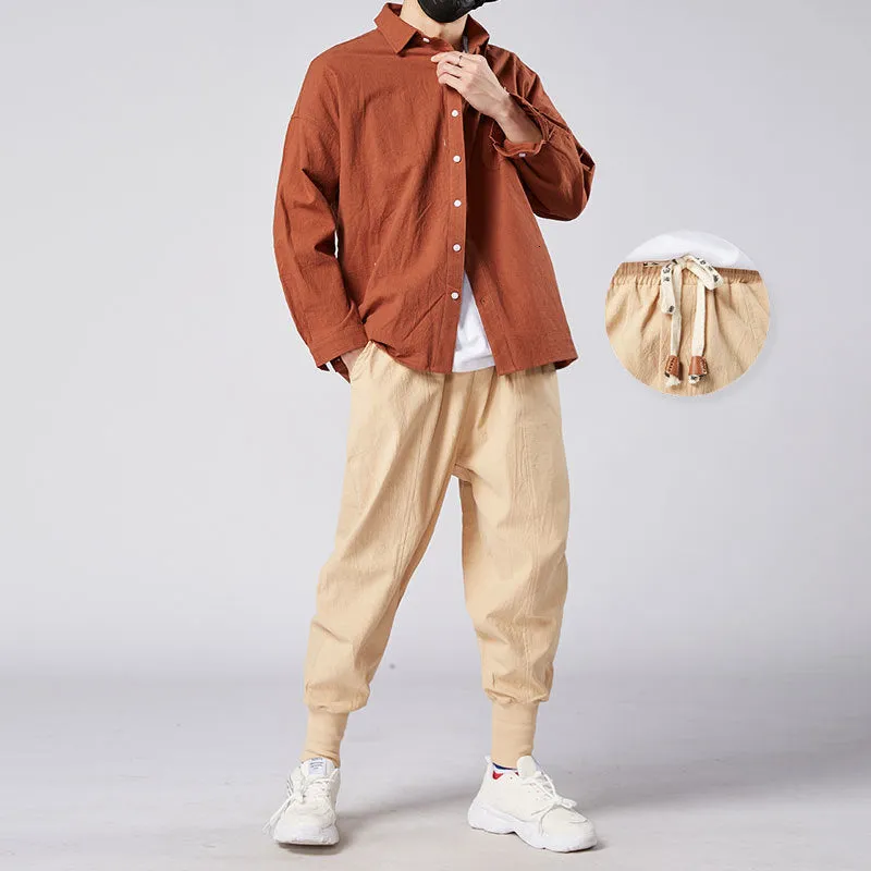 MrGoldenBowl Store Men Harem Pants Japanese Casual Cotton Linen Trouser Man Jogger Pants Chinese Baggy Pants