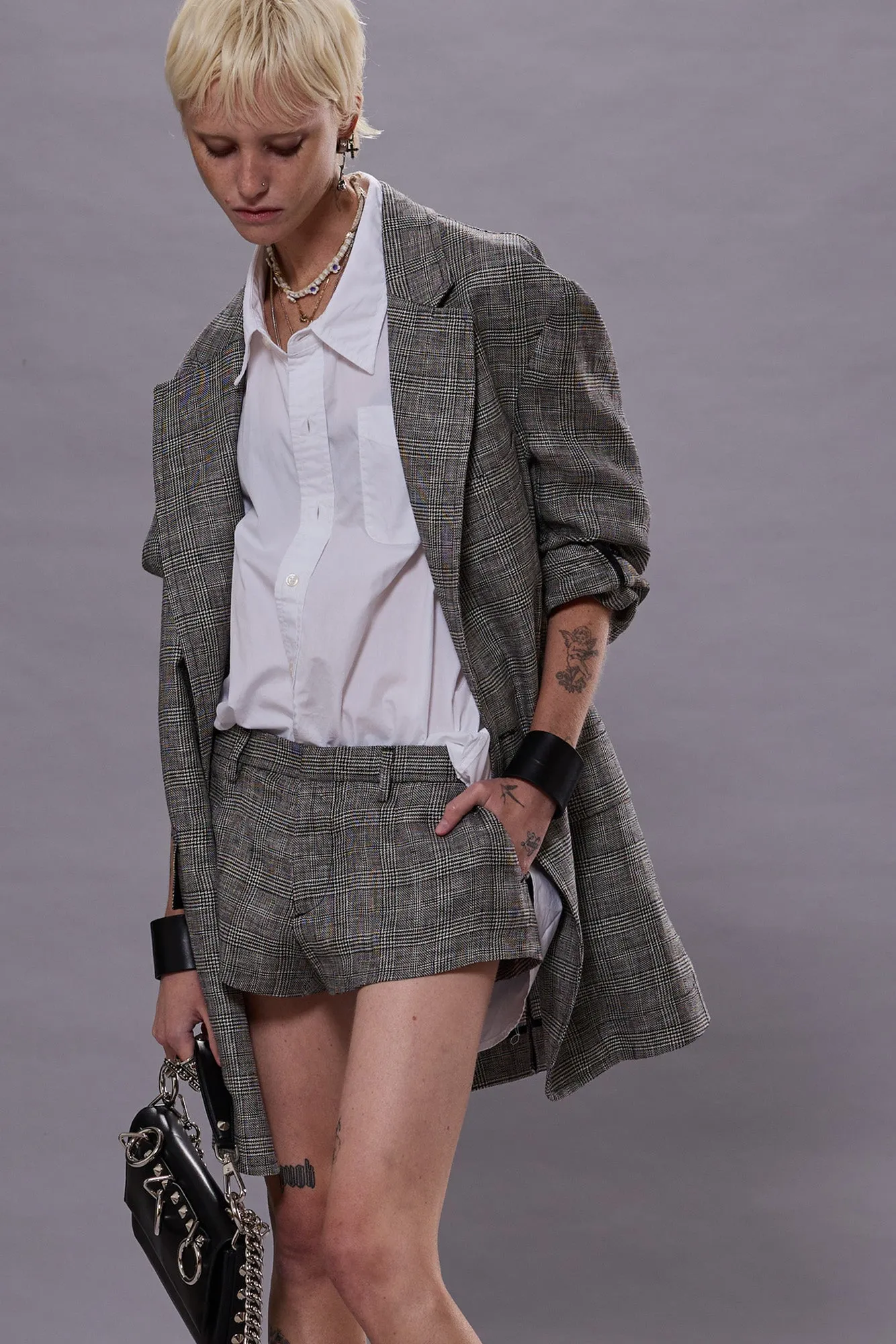 OVERSIZED RAGGED BLAZER - BLACK&WHITE GLENPLAID
