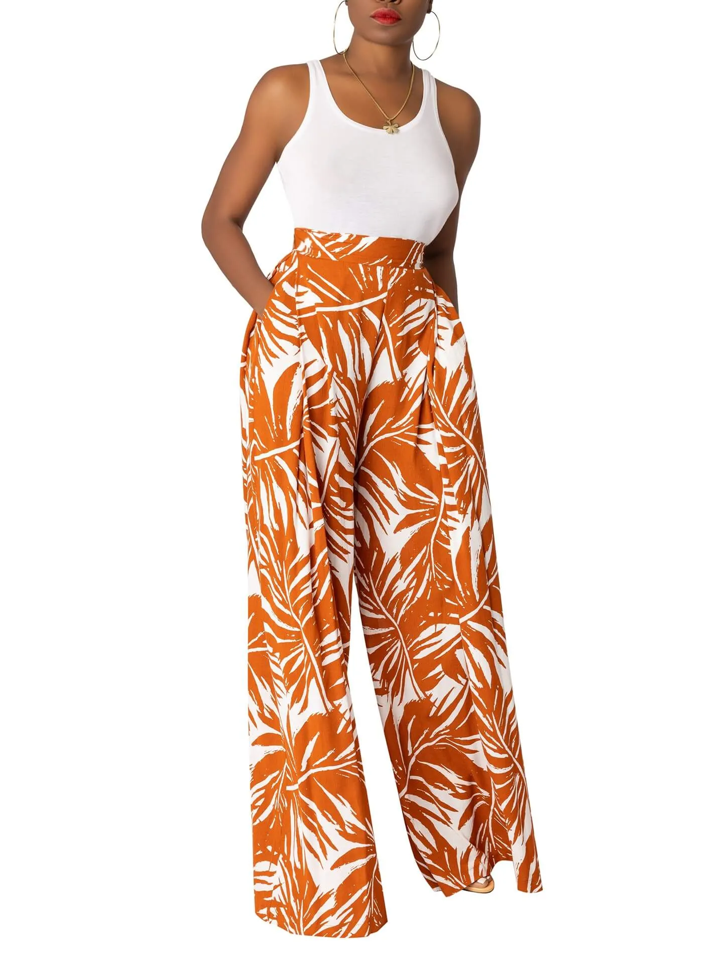 "Coco Palm" Brown Pleated Pants